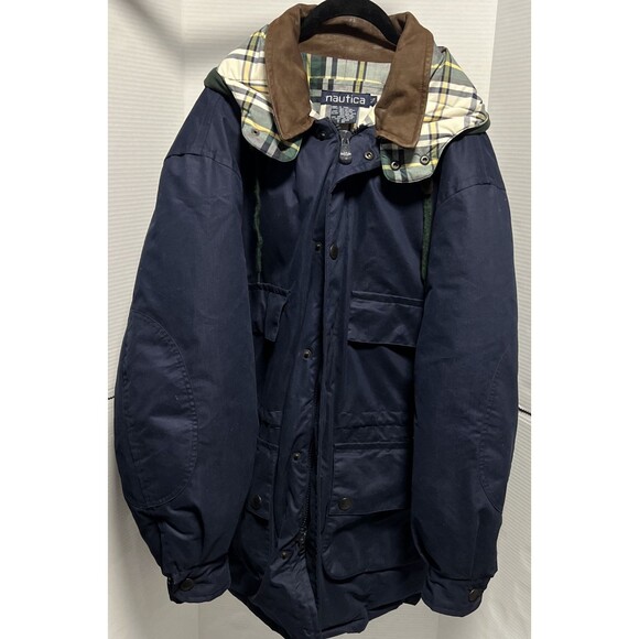 Nautica Other - Vintage Nautica Duck Down Barn Chore Coat Men's Large Leather Collar Hood Blue